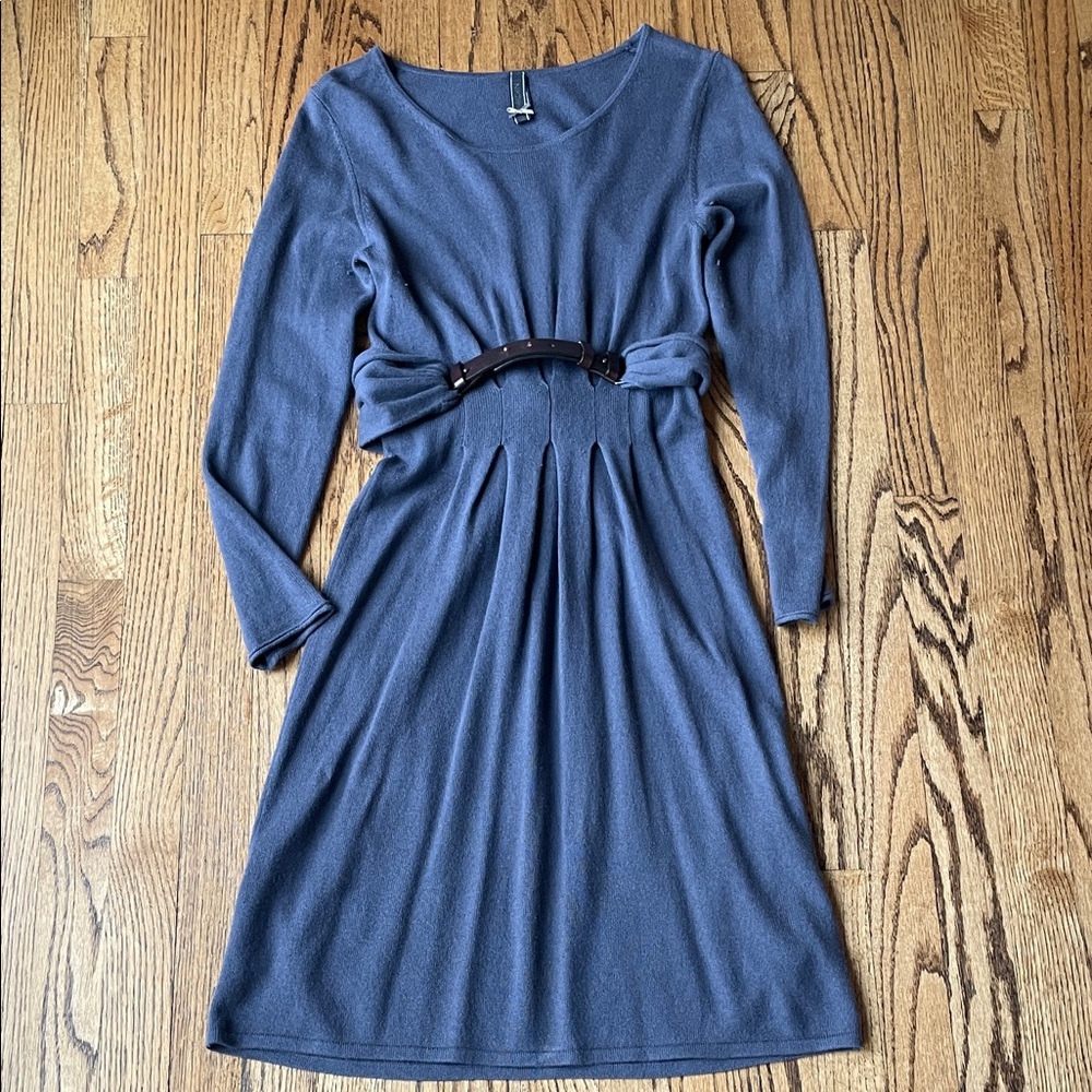 Marc Cain Slate Blue Long Sleeve Knit Dress with Waist Accent purplish gray
